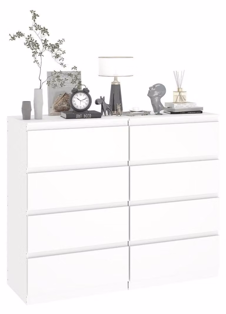 Comodino bianco, set da 2, 4 cassetti, 60x40x98 cm, in MDF