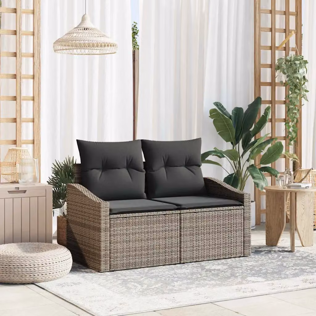 vidaXL Divano da giardino moderno in polyrattan grigio con cuscini L: 123 cm, P: 62 cm, H: 69 cm