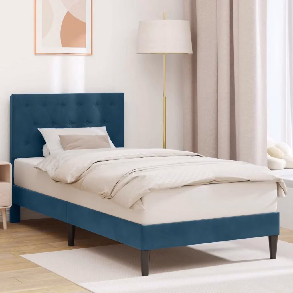 Letto singolo moderno con testiera imbottita in velluto blu, L/P/H: 90 x 140 x 202 cm – 2