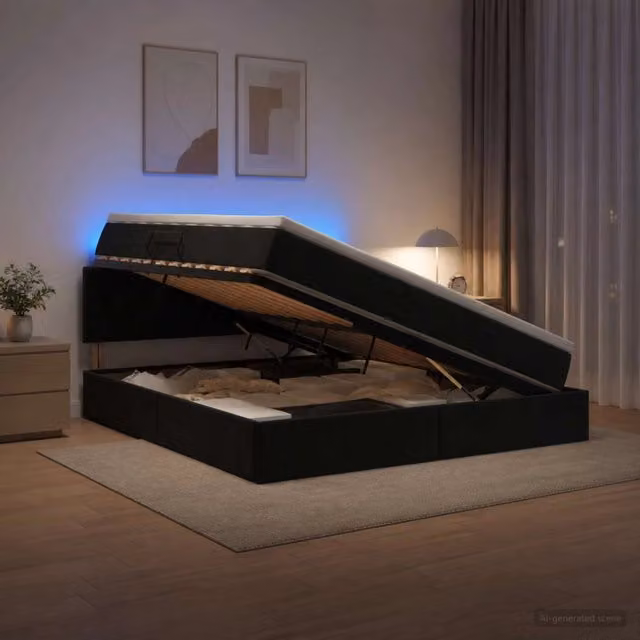 Letto con contenitore e illuminazione LED vidaXL in velluto nero con porta USB, L: 160 cm, P: 204 cm, H: 88 cm