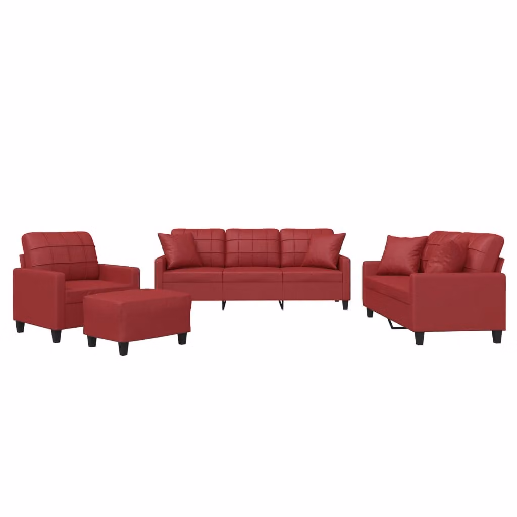 Set di Divani 4 pz con Cuscini Rosso Vino in Pelle finta