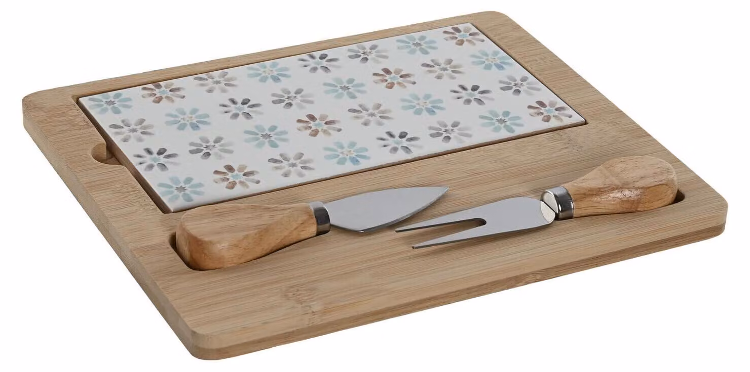 Set da aperitivo con vassoio in bambù e piattino in gres, dimensioni 24,5x20x1,2 cm