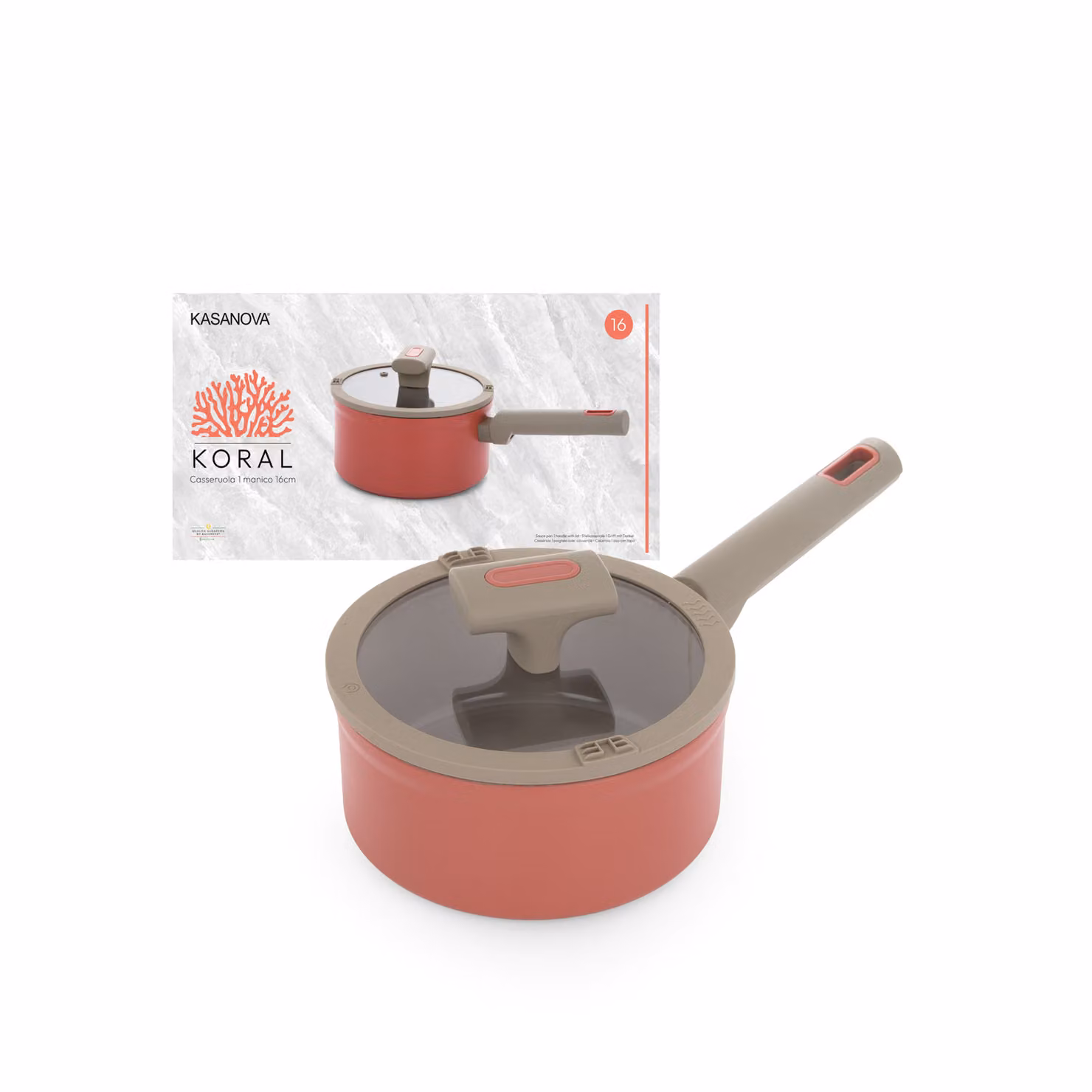Casseruola Kasanova Koral con coperchio in vetro, rivestimento ceramico antiaderente, colori arancione o rosso, diametro: 16 cm