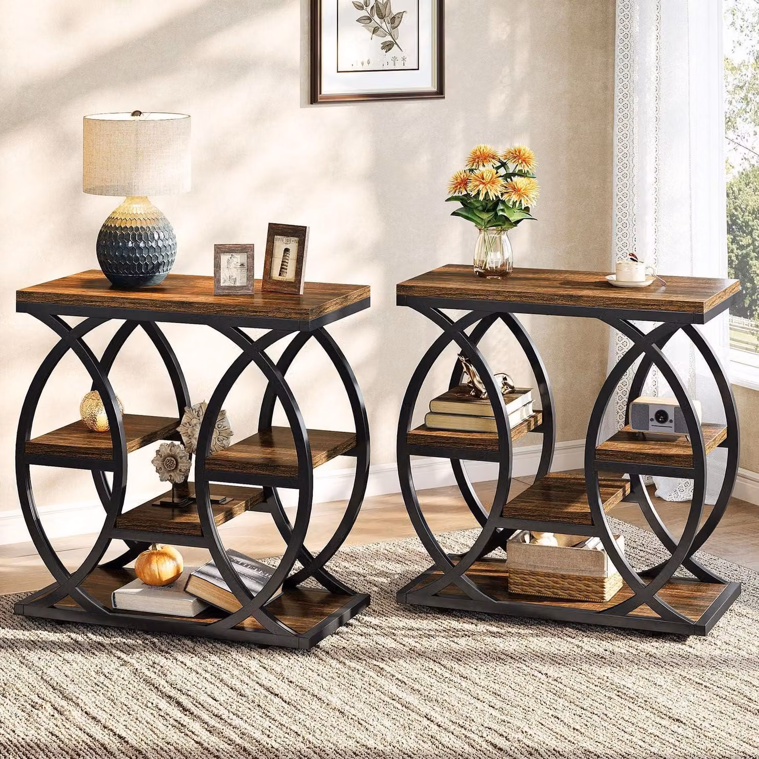 Tavolino laterale con 4 ripiani, colore marrone, stile industriale. Set di 2 tavolini, dimensioni 60x30x60 cm