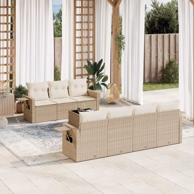vidaXL Set Divano da Giardino 8 pz in Polyrattan Beige con Cuscini e Tavolino da Esterno