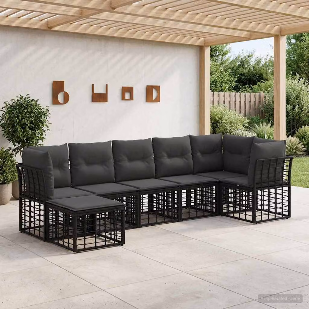 Set di divani da esterno a L vidaXL in polyrattan con pouf e cuscini, colore grigio e nero