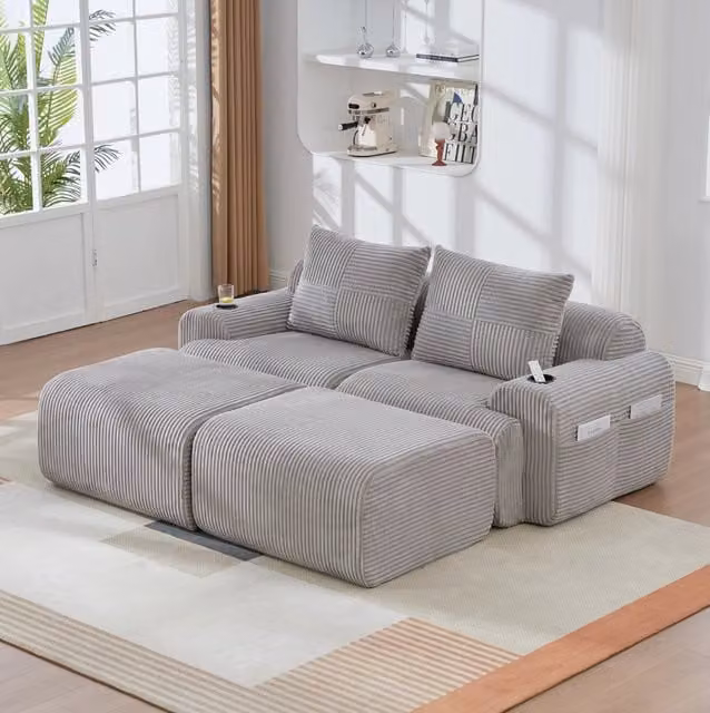 Divano modulare ULEVR 2 posti 200x174x80 cm con 2 pouf, portabicchieri e tasca laterale, tessuto a coste grigio chiaro