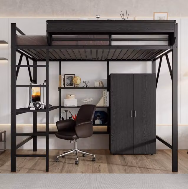 Letto a soppalco con scrivania; armadio e ripiano; 140x200 cm; MDF e metallo; nero