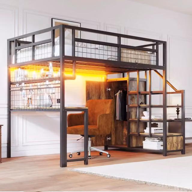 Letto a soppalco REDOM in metallo nero con scrivania, scala con gradini e vani contenitori, L/P/H: 200 x 140 x 180 cm – 1
