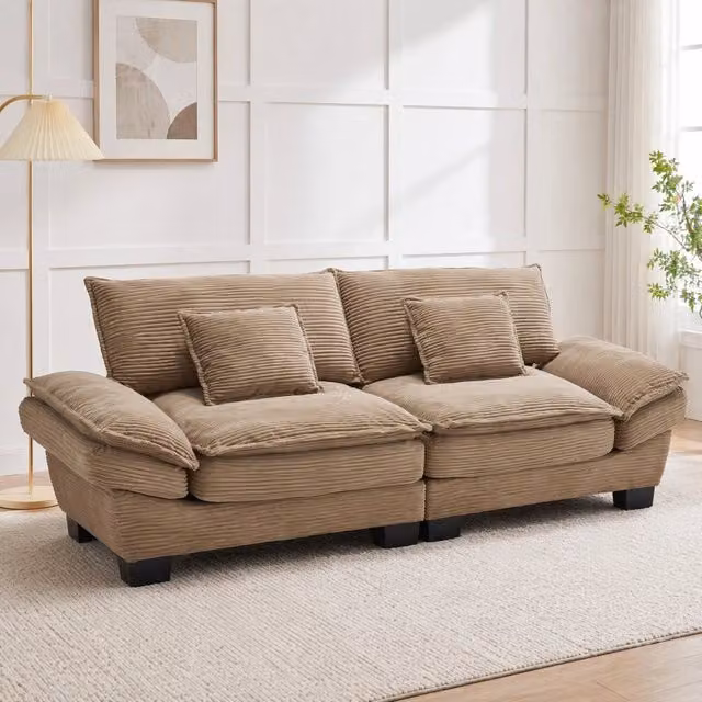 Divano a 2 posti MIVRAY in velluto a coste beige con cuscini laterali e struttura in legno massello L/P/H: 224 x 81 x 81 cm