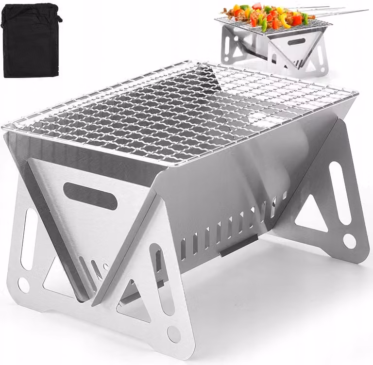 Barbecue da campeggio pieghevole in acciaio inossidabile, barbecue a carbonella portatile con borsa