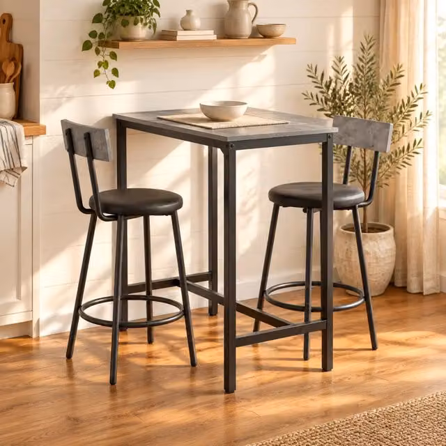Set tavolo e sedie 1 tavolo bar + 2 sgabelli imbottiti con schienale e poggiapiedi in MDF, metallo e PU grigio