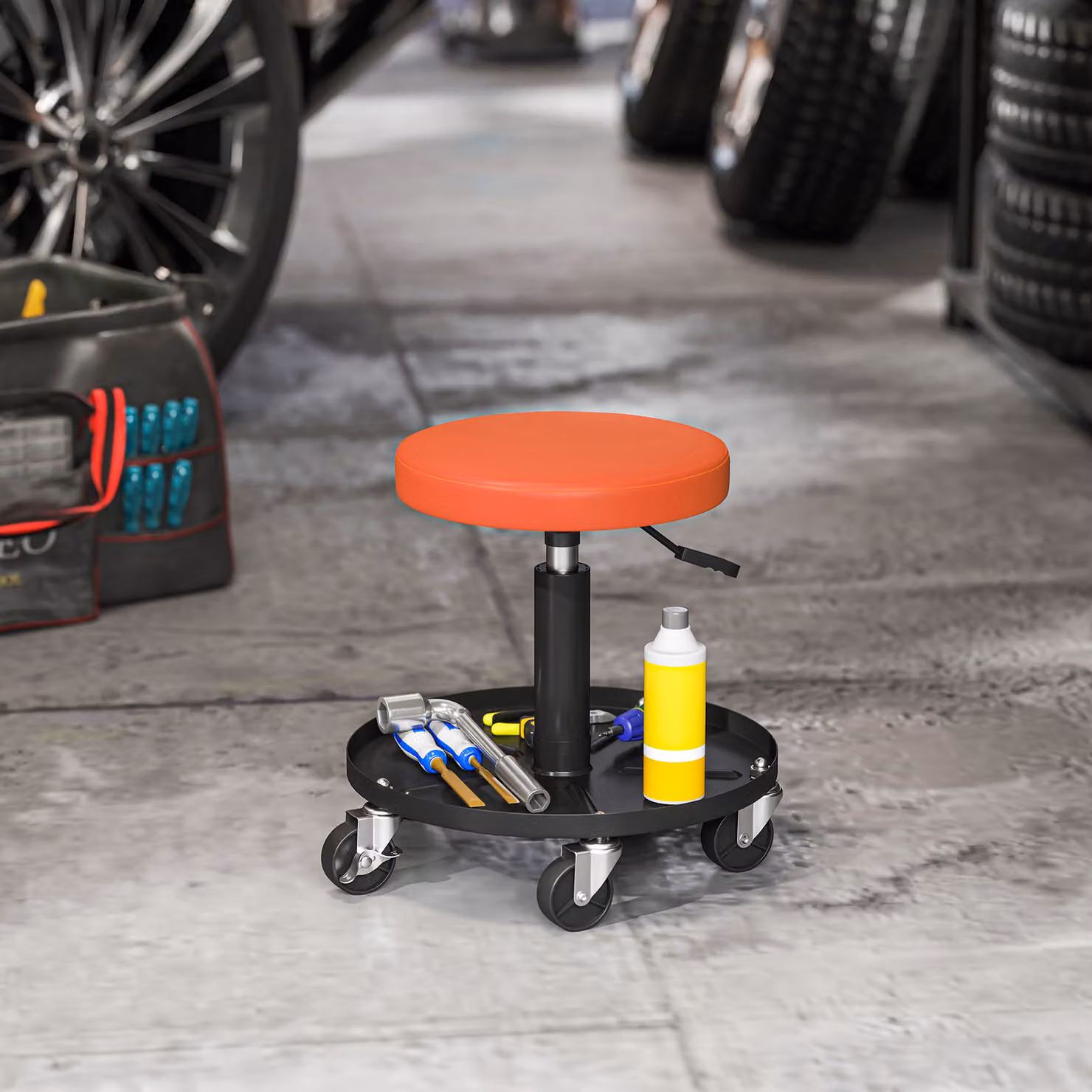 Sgabello da officina HOMCOM con ruote e altezza regolabile, arancione – 2