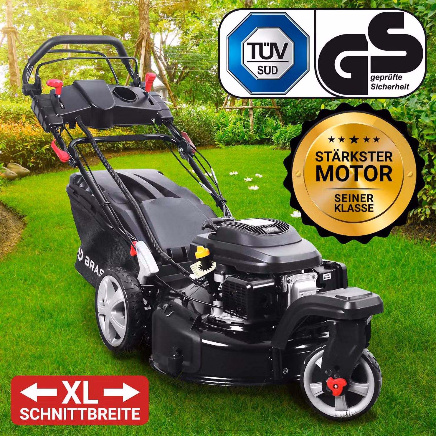 Tosaerba a benzina BRAST Trike con trasmissione | 5,2 kW (7 CV) | Avviamento elettrico | Larghezza di taglio 53 cm | Numerosi modelli | Motore OHV a 4 tempi | Altezza di taglio 30-80 mm | Cesto di raccolta da 60 L | Carrozzeria in acciaio | ESTART