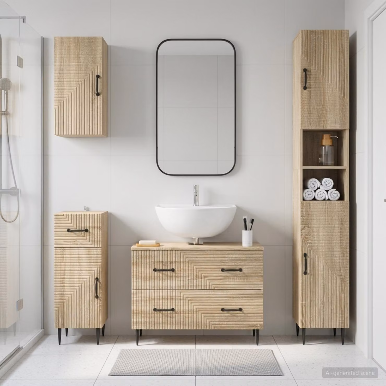 Set di mobili da bagno moderno vidaXL HAARLEM composto da 4 pezzi in colore marrone Rovere Sonoma con base lavabo e pensili a muro