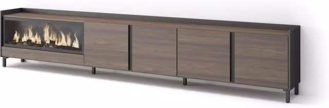 Mobile TV Soggiorno, 315x61x35 cm, Per TV fino a 80", Camino elettrico XXL, Design industriale, Rovere scuro e Nero