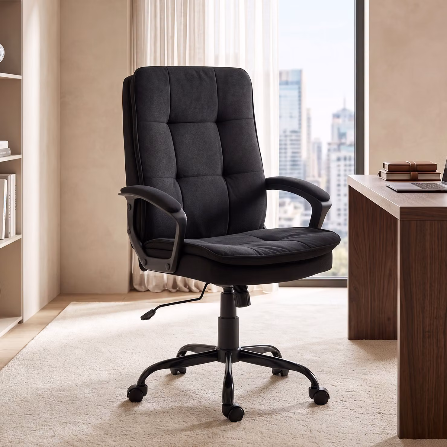 Sedia da ufficio ergonomica HOMCOM in tessuto effetto lino nero con altezza regolabile e funzione dondolo – 2