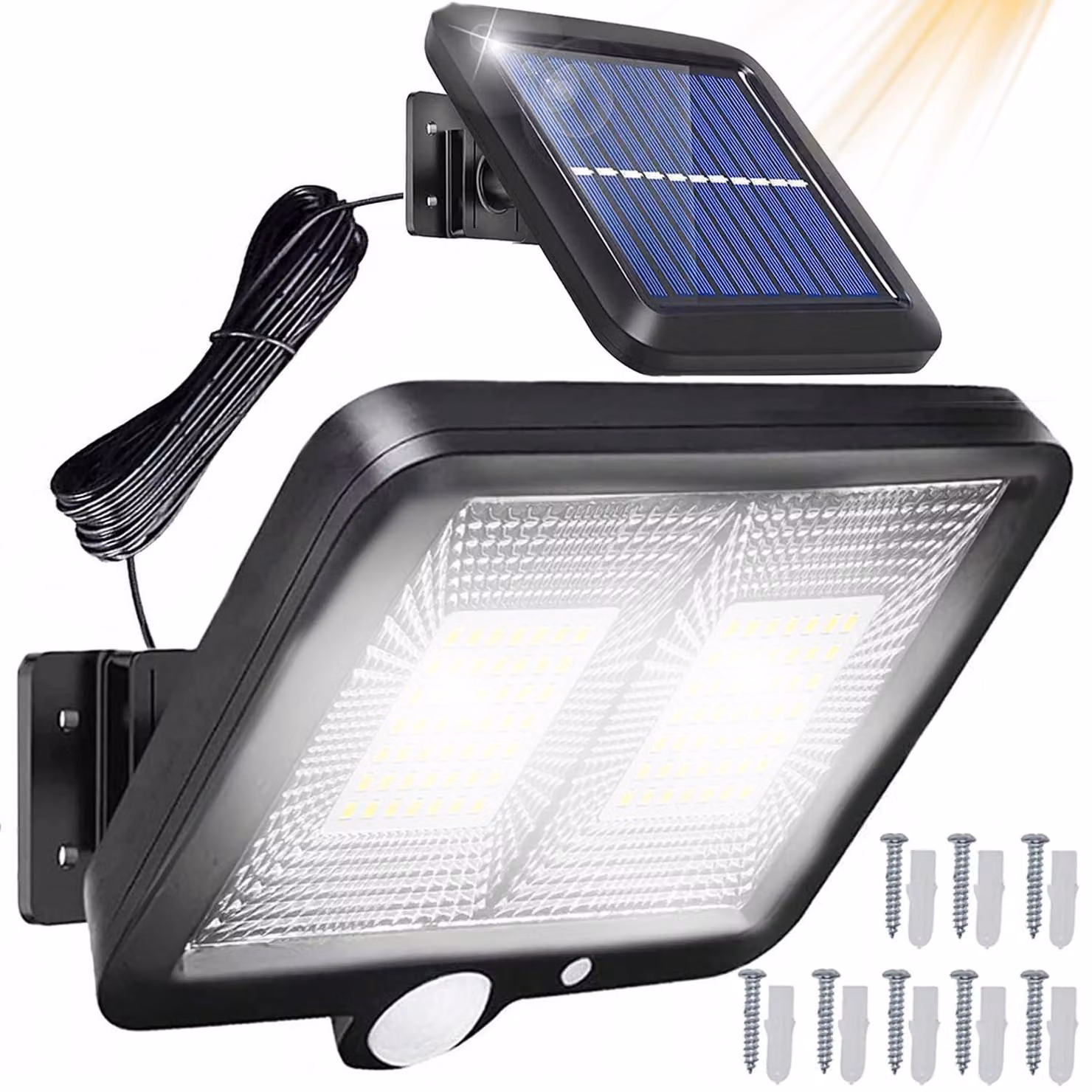 Lampada solare da esterno con 98 LED, sensore di movimento, realizzata in ABS, dimensioni 14,8x12,7 cm