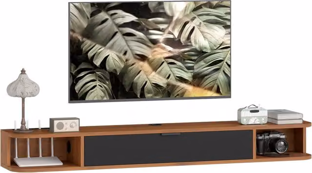 Meuble TV Suspendu, Meuble Télé pour Téléviseur jusqu'à 60 Pouces, Tiroir Rabattable, 2 Étagères, 140x24x16cm, Noyer