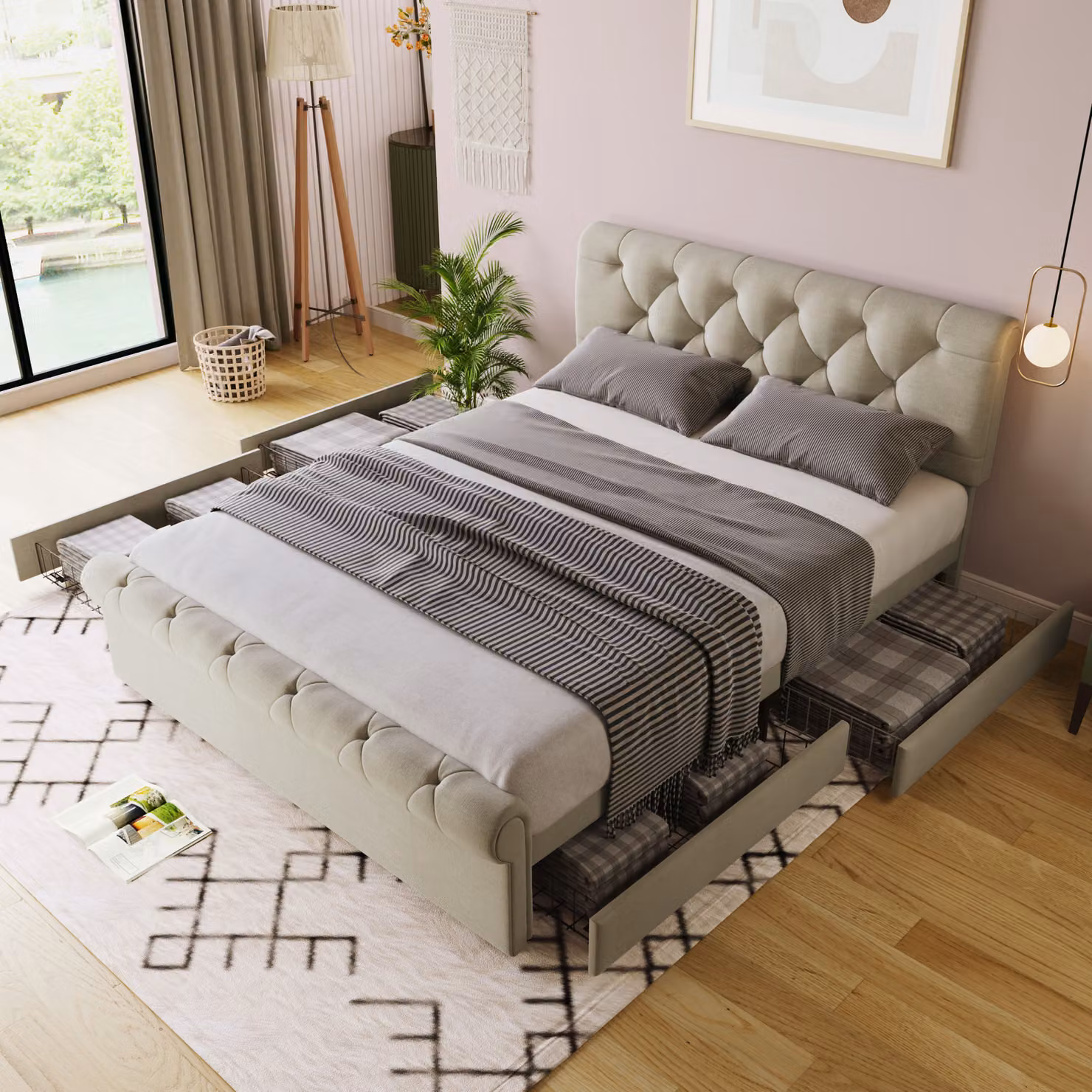 Letto imbottito Merax 90x200cm con 4 cassetti e testata regolabile in altezza, letto funzionale Letto matrimoniale Struttura del letto in legno massiccio, natura