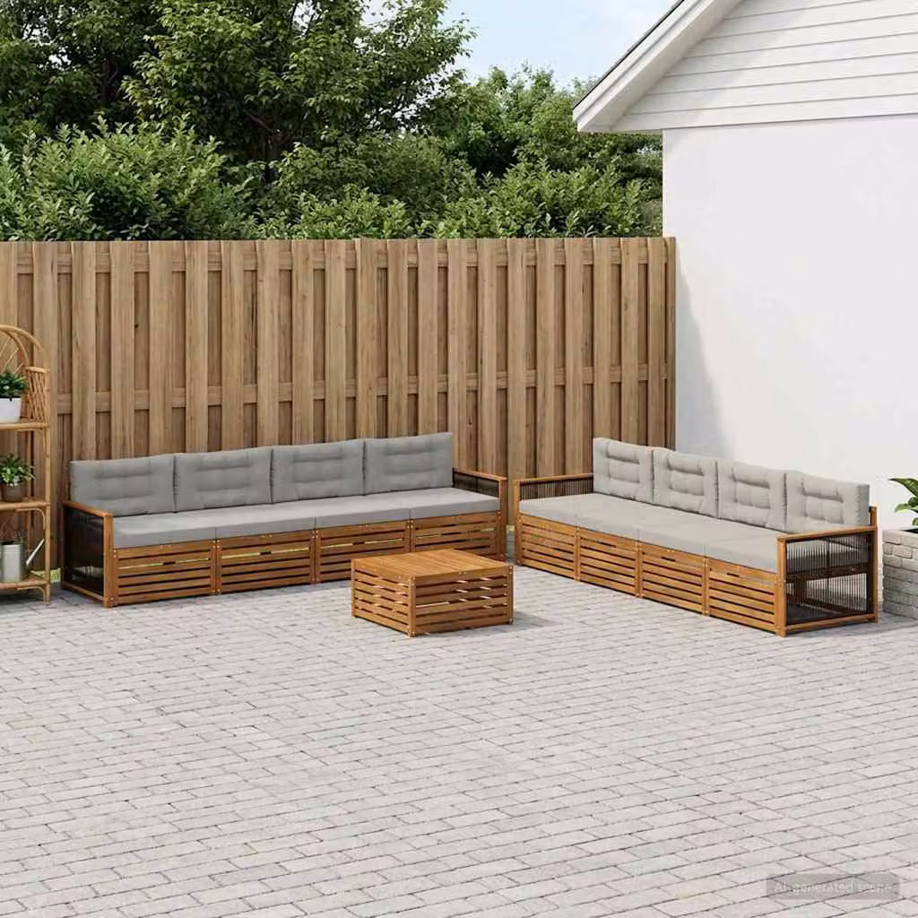 vidaXL Set di divani da esterno 9 pz in legno di acacia con cuscini, colore beige, grigio e marrone