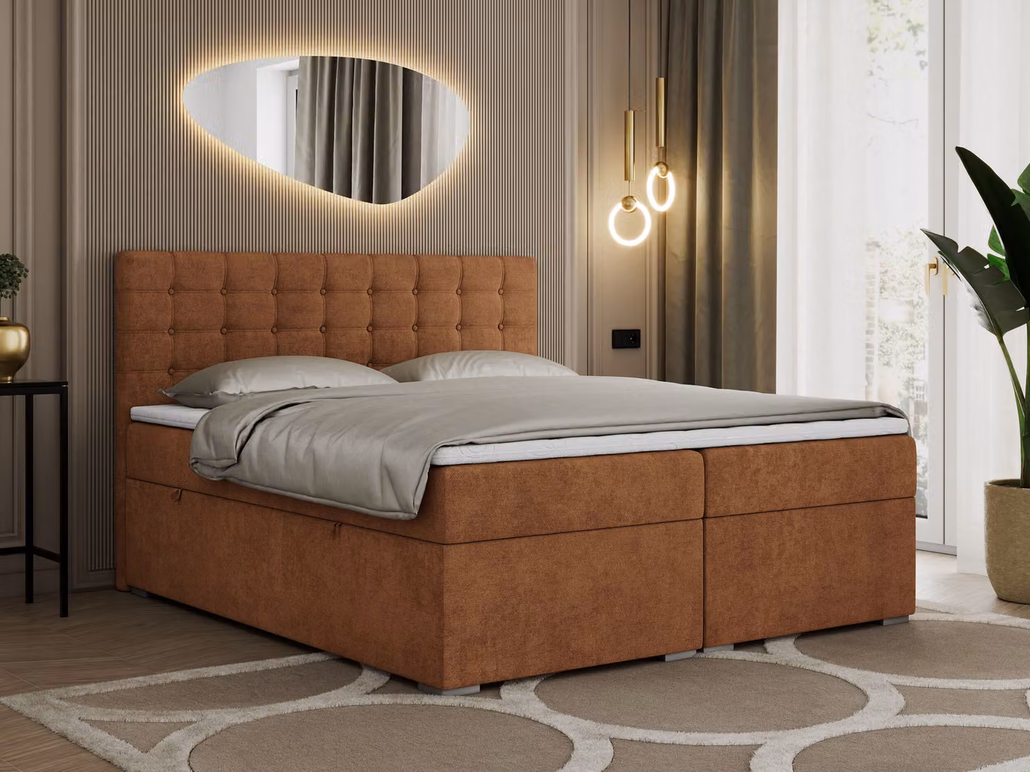 Letto con boxspring 140x200 con contenitore, letto 140x200 con materasso e topper - SUSAN - 140x200 - Arancione - Struttura - H3