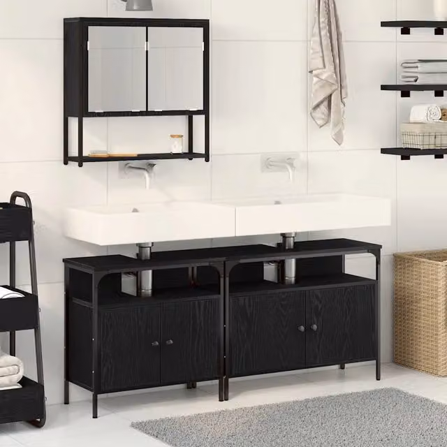 Set di mobili da bagno moderno vidaXL in 3 pezzi nero opaco con mobile lavabo, mobile laterale e armadietto con specchio L/P/H: 80.0 x 60.0 x 39.8 cm