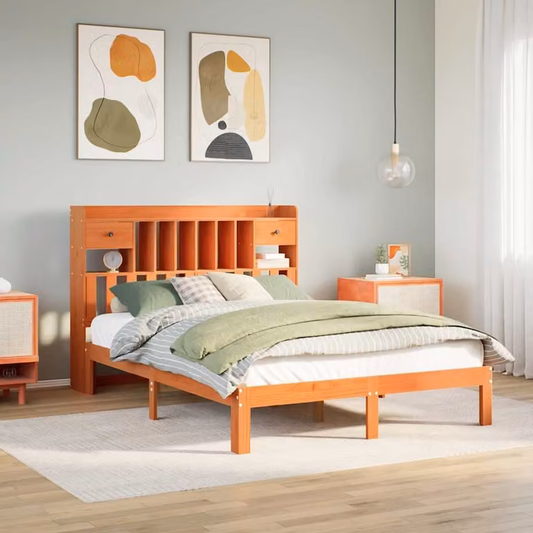 Letto libreria vidaXL in legno di pino massiccio color marrone cera con ripiani e cassetti, L: 141 cm, P: 110 cm, H: 216,5 cm