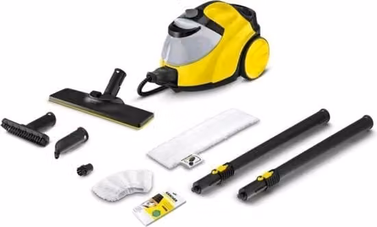 Aspiratore a vapore per pavimenti e tappeti Karcher giallo con spazzola per parquet e acqua calda