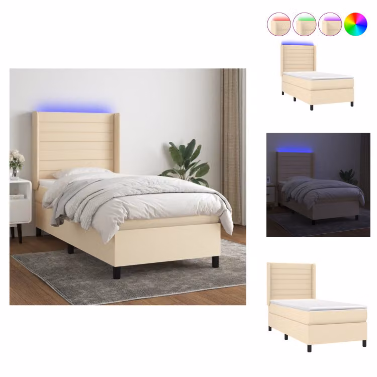vidaXL Letto a molle insacchettate con materasso e tessuto LED crema 90x200 cm - Letti e strutture letto
