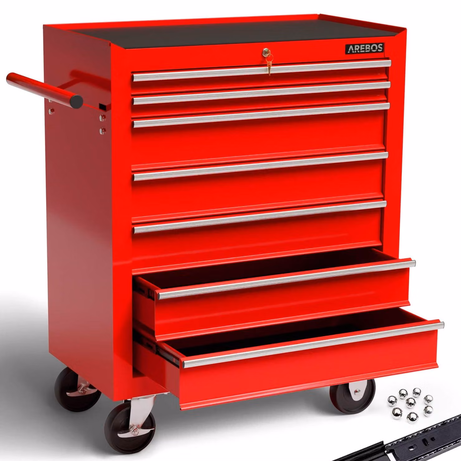 Carrello portautensili officina - 7 cassetti - Chiusura centralizzata - Ruote con freno di stazionamento - Rosso