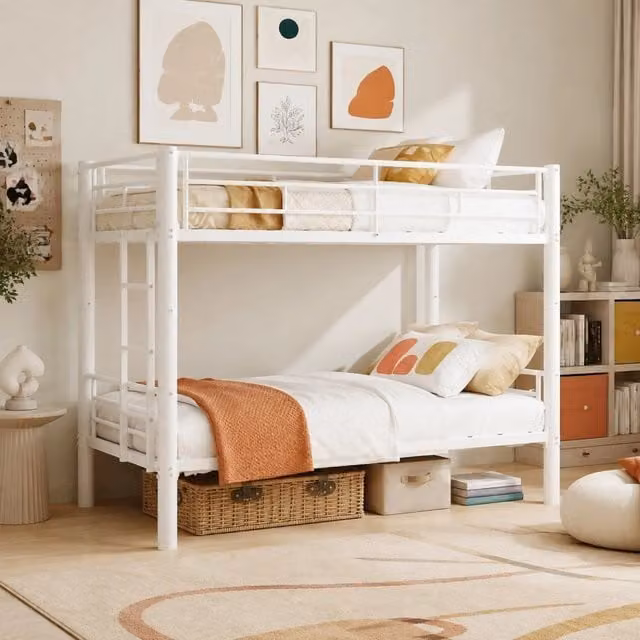 Letto a castello convertibile Mivray per bambini in metallo bianco con scala e sponde, L/P/H: 196 x 103 x 156 cm