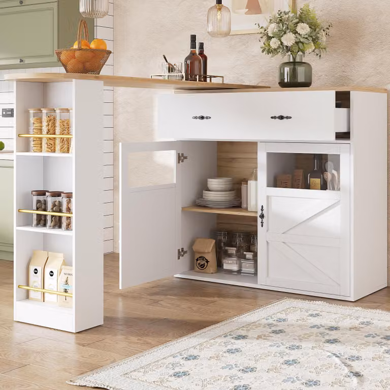 okwish, barra girevole a 360°, isola cucina estraibile con piano di lavoro allungabile, mobile cucina moderno con cassetti e ripiani, colore bianco