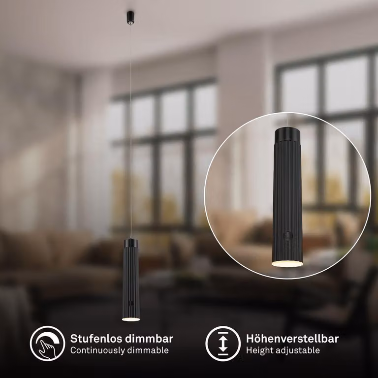 Briloner Lampada a sospensione a batteria regolabile in altezza Ø4,5x20,5 cm 3,5W 280lm 3000 K bianco caldo dimmerabile nero - Lampadario sala da pranzo cucina soggiorno
