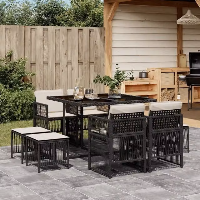 Set da Pranzo da Giardino 9 pz con Cuscini Nero in Polyrattan 3210954