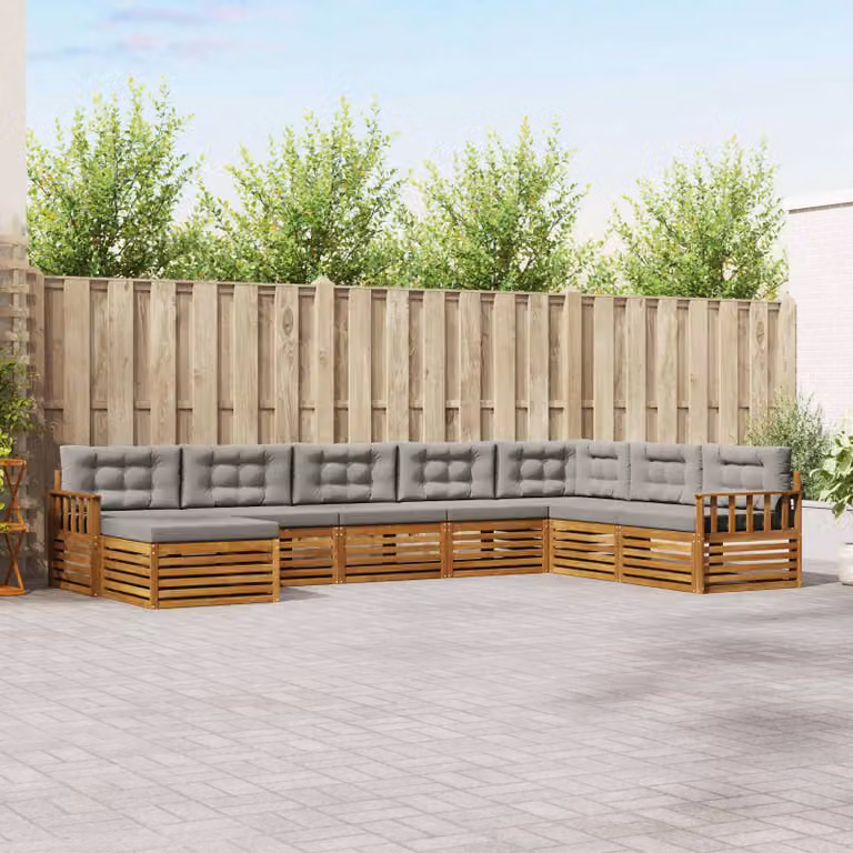 Set di divani da esterno vidaXL a forma di L composto da 8 pezzi in legno di acacia con cuscini inclusi, colore grigio e marrone