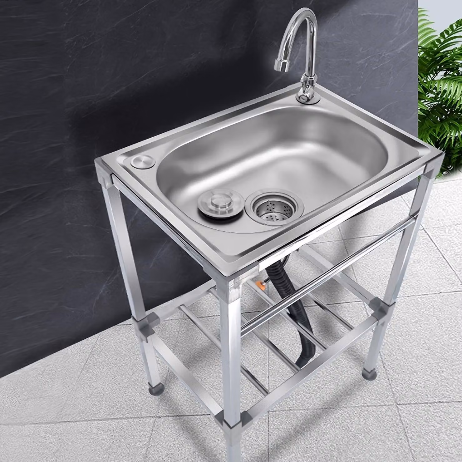 Lavello freestanding in acciaio inossidabile, completo di rubinetto, ideale per cucine all'aperto, garage e attività commerciali