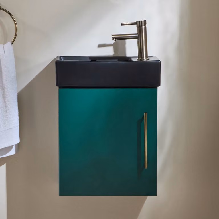 Mobile Bagno Verde Scuro Sospeso da 400mm con Lavabo Nero e Maniglia con Barra a T in Ottone Spazzolato - Cluo