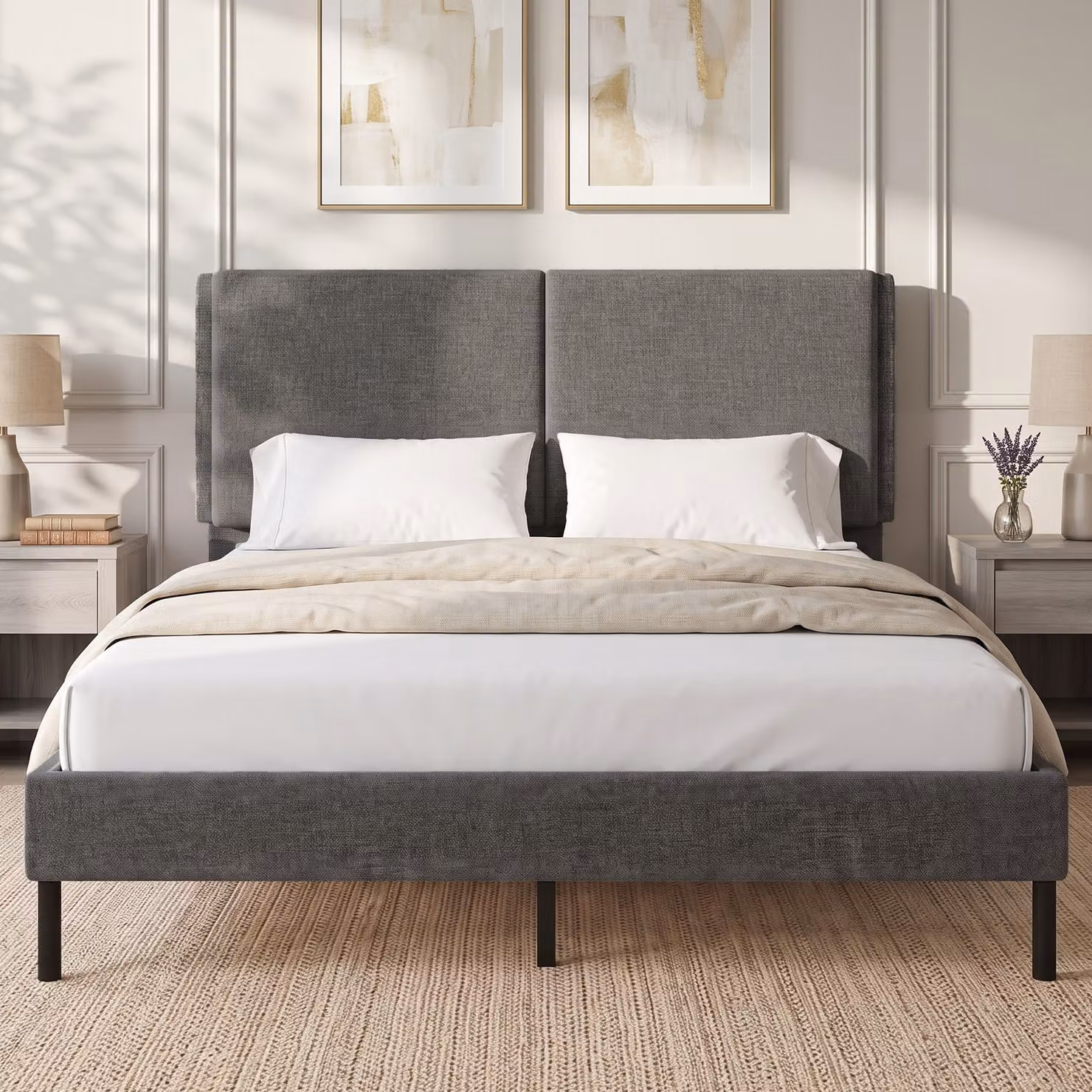 Letto matrimoniale imbottito HOMCOM in tessuto grigio con testiera regolabile L/P: 140 x 190 cm – 2