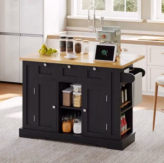 isola cucina 132x70x87 cm naturale e nero – piano ribaltabile e contenitori