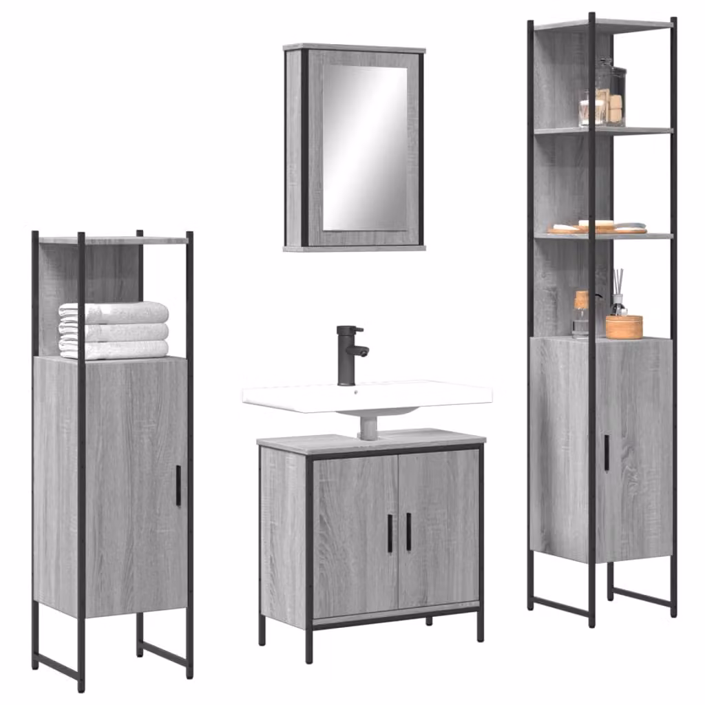 Set di mobili da bagno moderno vidaXL in legno e metallo colore grigio composto da mobile lavabo, pensile con specchio e colonna alta