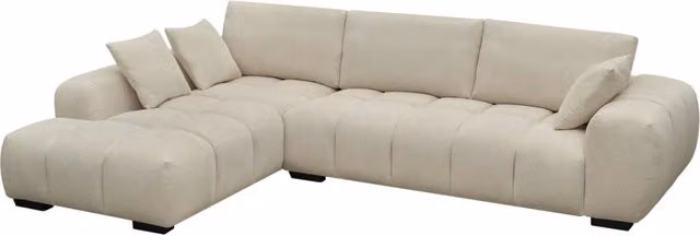 Divano angolare Monceau in tessuto beige a 3 posti con struttura in legno massiccio e cuscini coordinati