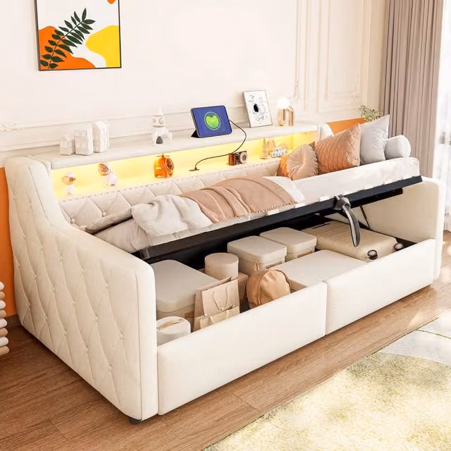 Daybed MODFU in lino beige con illuminazione LED, vano contenitore idraulico e porte USB/USB-C, L/P/H: 211 x 90 x 77 cm