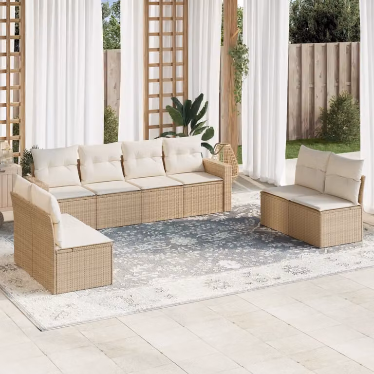 vidaXL Set Divano da Giardino 9 pz in Polyrattan Beige con Cuscini e Tavolino