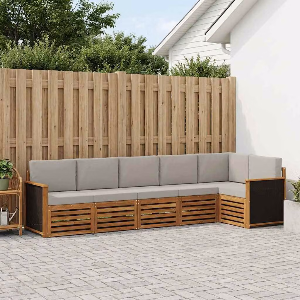 vidaXL Set di divani da esterno a L composto da 5 pezzi in legno di acacia con cuscini beige e grigio chiaro