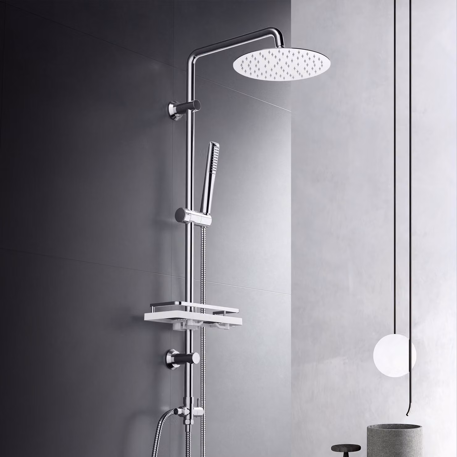 JOHO Colonna Doccia Acciaio Inox Senza Miscelatore Fori Muro Regolabili, Asta Doccia Saliscendi Doccia con soffione a Pioggia 20 cm e Mensola cromo