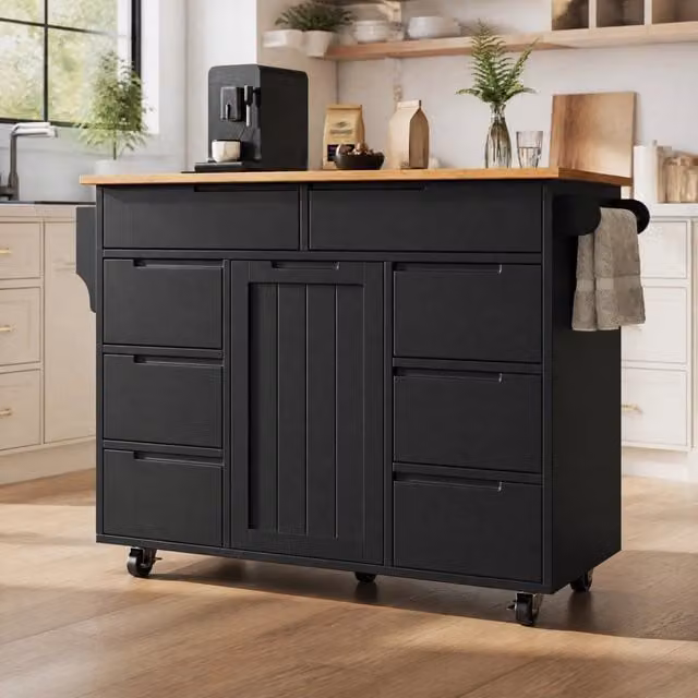 Isola da cucina moderna con 8 cassetti, piano d'appoggio estraibile, carrello su ruote nero con ripiano porta spezie e portasalviette
