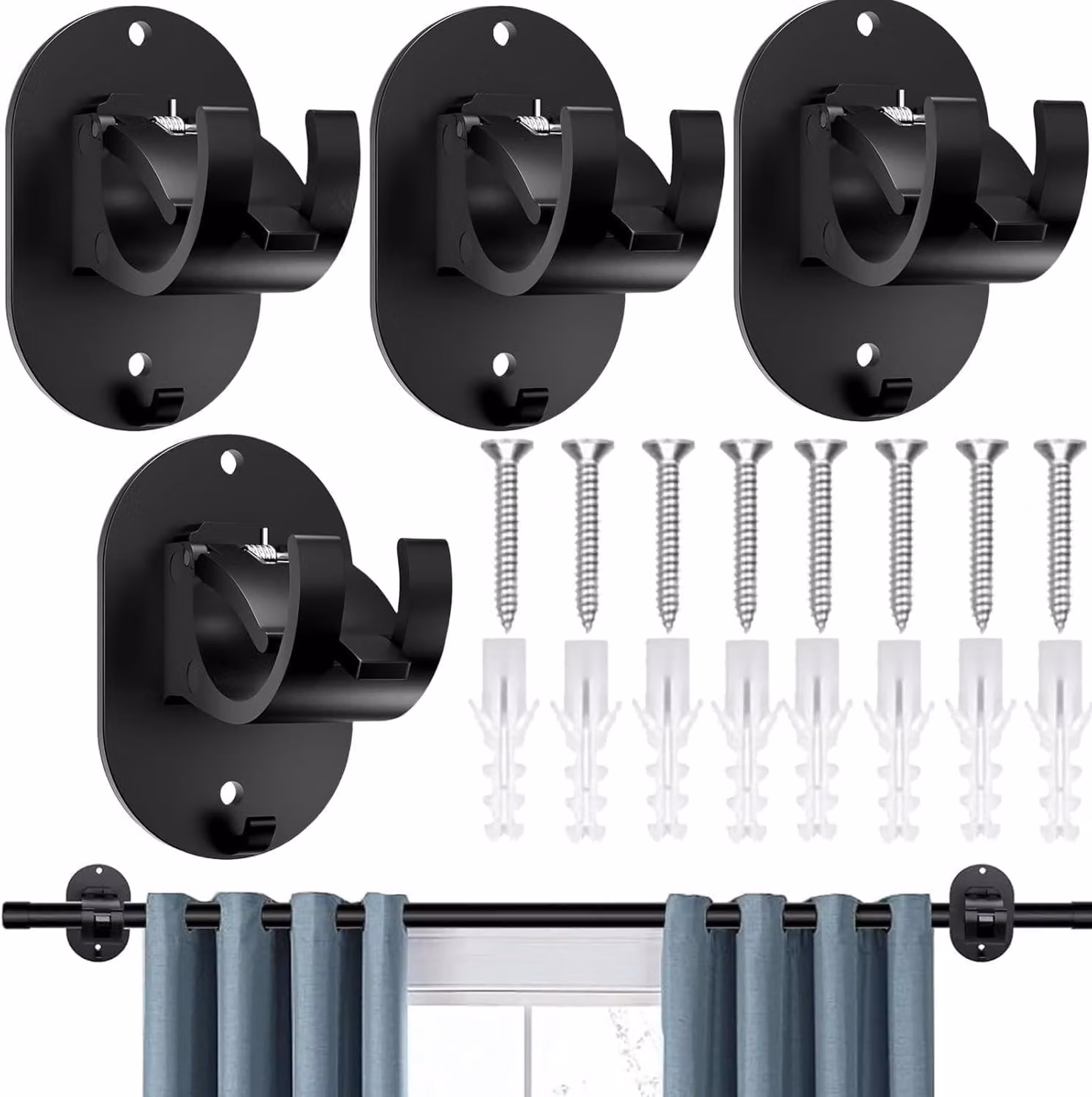 4 ganci autoadesivi per tende, senza necessità di foratura, in ABS, colore nero