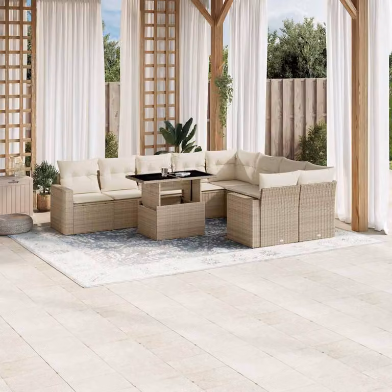 Set Divano da Giardino vidaXL 10 pz a Forma a L con Cuscini Beige e Tavolino in Vetro e Struttura in Metallo e Polyrattan