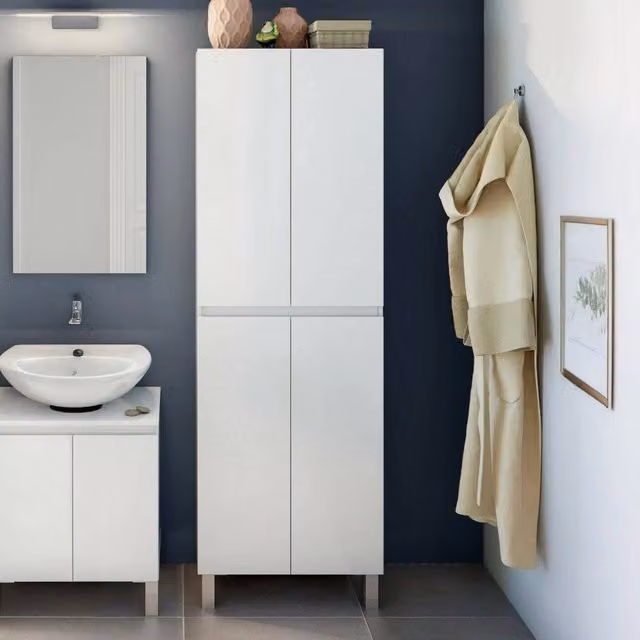 Mobile colonna Fabian DMORA per bagno o cucina, armadio alto multifunzione bianco lucido, L/P/H: 60 x 35 x 182 cm – 1
